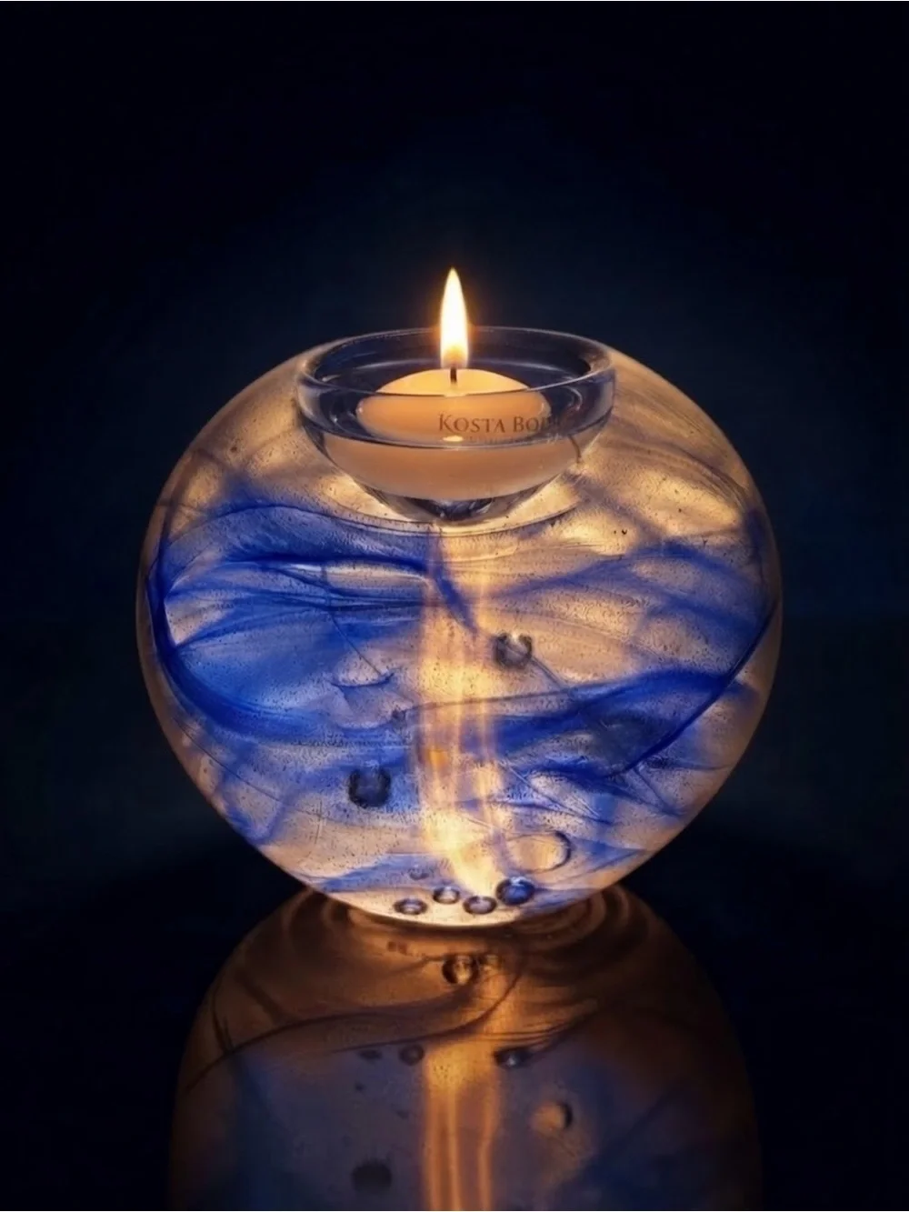 Rare Vintage Kosta Sweden Blue Swirl Art Glass Votive Candle Holder